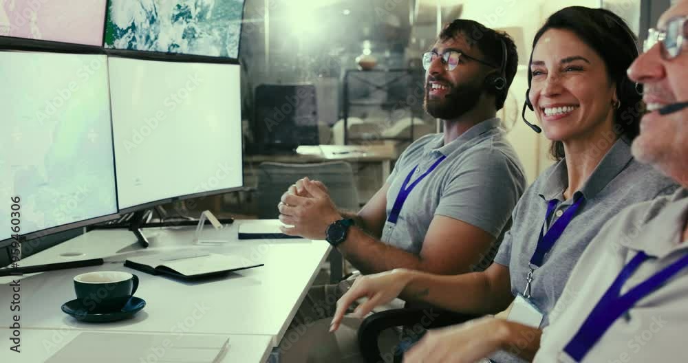 Aufkleber applause, launch and satellite with people in control room for space exploration, engineering innova