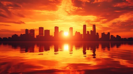 Fototapeta premium City Skyline at Sunset with Fiery Reflections 