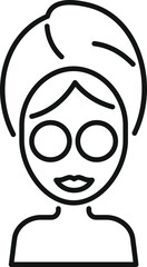 Line drawing of a woman wearing a towel and cucumber slices on her eyes, enjoying a spa treatment