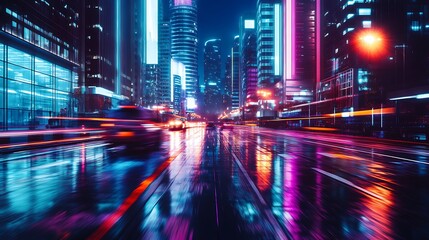 Naklejka premium Vibrant Neon City Street at Night with Motion Blur 