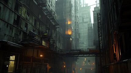 Fototapeta premium Gloomy Industrial Alleyway in Futuristic City 