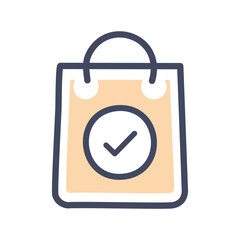 Checked bag. A shopping bag with a check mark, representing a completed purchase or order.