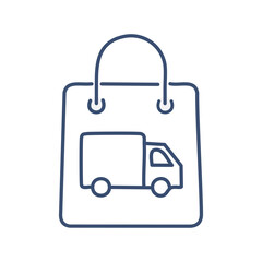 Delivery bag icon. Simple line icon depicting a shopping bag with a delivery truck inside, representing online shopping and quick delivery.