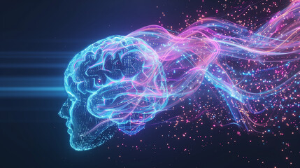 Digital neural network representation of a glowing brain with particle effects