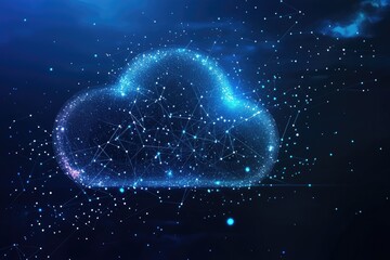 A digital cloud with glowing particles, symbolizing data storage, technology, and innovation in a futuristic environment.