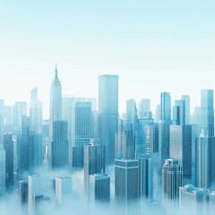 A stunning city skyline shrouded in mist, showcasing modern architecture against a light blue sky.