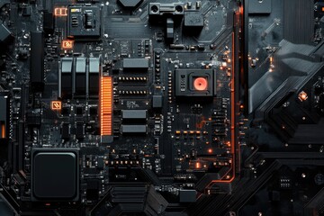 Fototapeta premium Close-up of a modern circuit board showcasing intricate designs and glowing accents, perfect for technology-related projects.