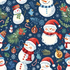 07250736 35. A whimsical Christmas winter seamless pattern background featuring playful illustrations of Santa Claus, snowmen, and festive decorations