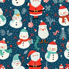 07250736 35. A whimsical Christmas winter seamless pattern background featuring playful illustrations of Santa Claus, snowmen, and festive decorations