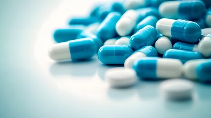 Medication Concept: Assorted Blue and White Pills on Table, Ideal for Pharmaceutical Marketing and Education