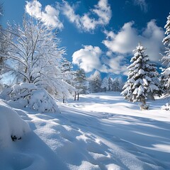 Obraz premium 07250736 43. A wide angle Christmas background showcasing a snowy winter landscape with snow-covered trees and a blanket of fresh snow