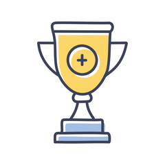 Gold trophy award. Trophy with a plus sign, signifying achievement and success. Ideal for celebrating victories and milestones.