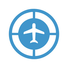Airplane circle icon. Simple blue circle icon with a white airplane inside. Represents travel, flight, and journey.