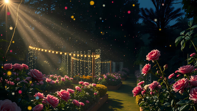 ours cool qui fait de la lumi&egrave;re forte, dans un jardin de fleurs la nuit tr&egrave;s sombre, plan &eacute;loign&eacute;, lucioles, brillants, confettis, art num&eacute;rique, bookeh rose, jardin botanique