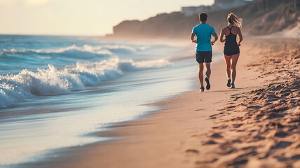 A couple jogging together on a deserted beach with waves crashing in the background