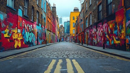 Fototapeta premium Urban street scene intricate graffiti and colorful murals