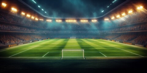 Empty soccer stadium with green grass, goal posts, and spotlights.
