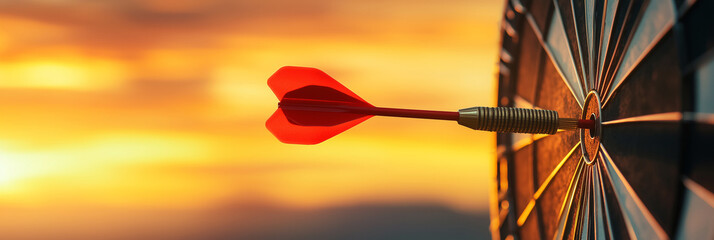Close up red dart arrow hitting target center dartboard on sunset background. Business targeting and focus concept