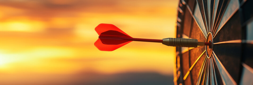 Close up red dart arrow hitting target center dartboard on sunset background. Business targeting and focus concept