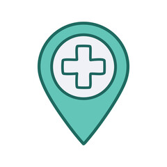 Medical location icon. Green map marker with a white cross inside. Represents a hospital, clinic, or healthcare facility location.