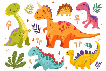 Colorful cartoon dinosaurs and prehistoric creatures in a lush jungle setting