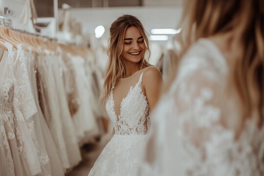 A bride-to-be is trying on a wedding dress with the help of her friends at the bridal shop - Powered by Adobe