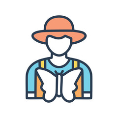 Gardener with butterfly. A friendly gardener wearing a hat and overalls, holding a butterfly. This symbolizes care and growth.
