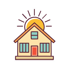 Sunny home illustration. Cute cartoon illustration of a house under a bright sun. Perfect for representing home, happiness, and a sunny disposition.