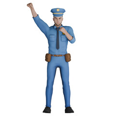 3D Illustration of Professional Male Cartoon Cop. A police officer is standing with one of his hands raised upward with a clenched fist and the other hand is holding the collar of his uniform. Police