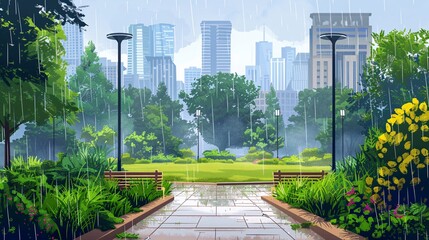 07250736 76. Urban 2D landscape featuring a public garden separated by layers in a parallax background, with modern buildings in the distance and gentle summer rain creating a tranquil cityscape