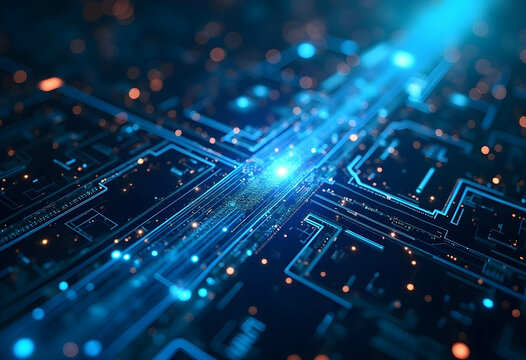 A futuristic technological scene with a circuit board as the central focus. The circuit board is illuminated by vibrant blue lights with glowing lines