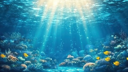 Obraz premium Underwater Sunlight Through Coral Reef with Yellow Fish