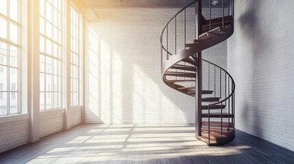 A spiral staircase in a modern loft with large windows and a white brick wall.