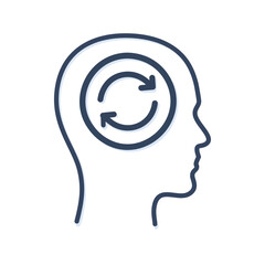 Mind renewal. Human head with rotating arrows inside. Represents mental renewal, growth, and continuous learning.