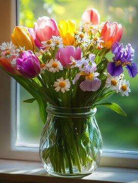 Fototapeta A bouquet of vibrant tulips, irises, and daisies brightens a sunny windowsill, showcasing the beauty of spring flowers in natural light. Generative AI