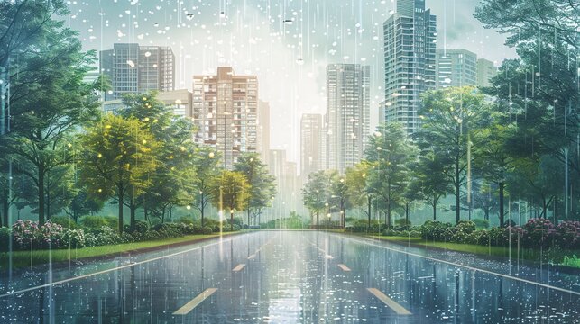 07250736 79. Artistic 2D cityscape with a public garden designed in layers for a parallax effect, featuring modern buildings and soft summer rain, creating a peaceful urban rain scene