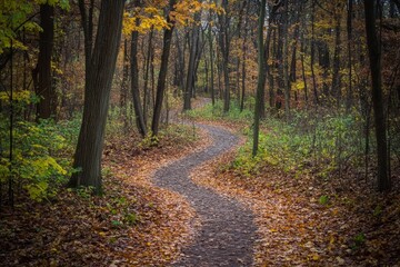 Obraz premium A winding path through a forest in autumn, covered in fallen leaves.
