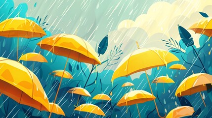 07250736 87. Detailed vector illustration of umbrellas in a rainy setting, ideal for creating engaging banners, cards, flyers, and social media wallpapers, with a playful and lively aesthetic