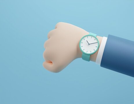 3D hand wearing a light blue watch with the time just before 11, 3D illustration