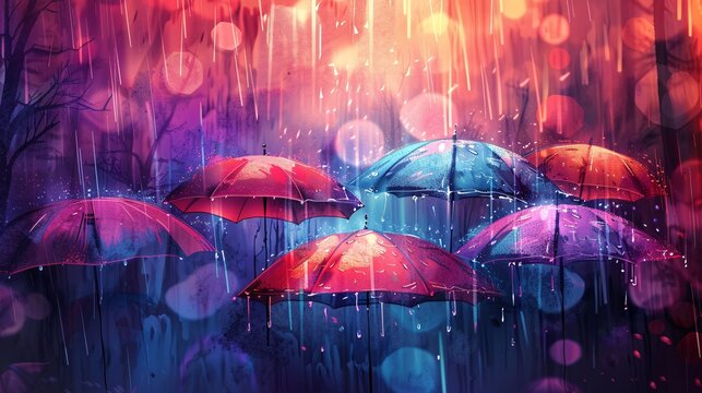07250736 89. Artistic vector scene of umbrellas in a rain shower, suitable for banners, cards, flyers, and social media wallpapers, with a stylish and modern look