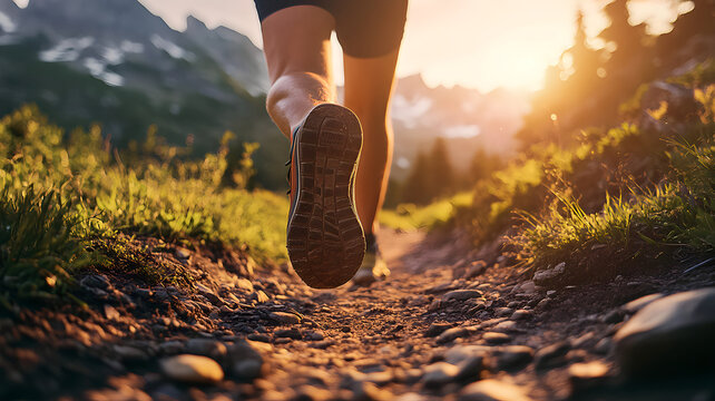 Closeup of a runner's feet in motion on a scenic trail with mountains in the background during sunrise
