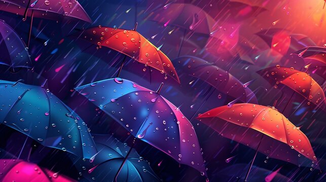 07250736 90. Vibrant vector background showcasing umbrellas in the rain, perfect for promotional banners, greeting cards, event flyers, and social media wallpapers, with a cheerful and energetic