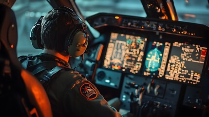 Pilot in a High-Tech Flight Simulator During Training Exercise