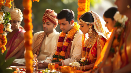 Naklejka premium Traditional Indian wedding ceremony with bride and groom wearing ornate attire, surrounded by flower decorations and close family members