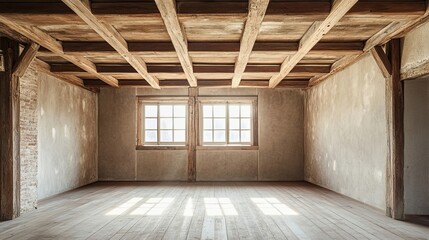 Fototapeta premium Empty Room with Exposed Wooden Beams and a Window
