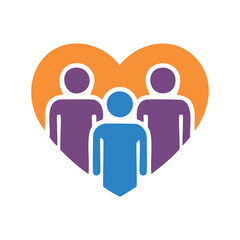 Heart family icon. Three stick figures, one blue, two purple, inside a heart. Representing love, family, unity, and togetherness.