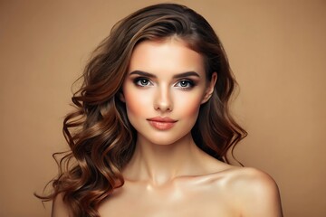 Fototapeta premium Beautiful Woman with Long Wavy Hair and Makeup.