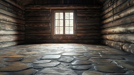 A Stone Floor in a Log Cabin with Sunlight Streaming Through a Window