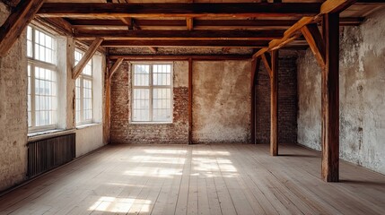 Sunlit Empty Room with Exposed Wooden Beams and Brick Walls