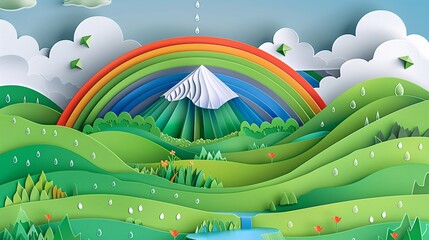 07250736 116. A lush green landscape with rolling hills and a majestic mountain, illustrated in paper cut style, featuring a vibrant rainbow arcing across the sky, fluffy clouds, and delicate